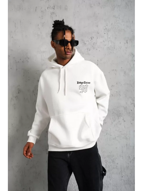 Erkek 98 Baskılı Kapşonlu Sweat - Beyaz