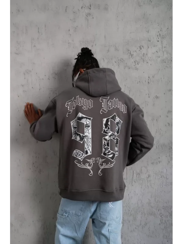 Erkek 98 Baskılı Kapşonlu Sweat - Gri