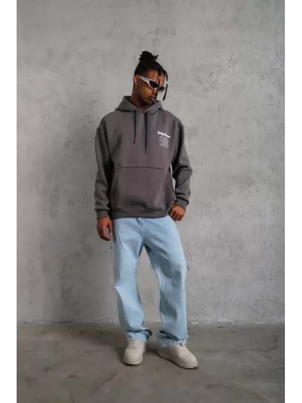 Erkek 98 Baskılı Kapşonlu Sweat - Gri