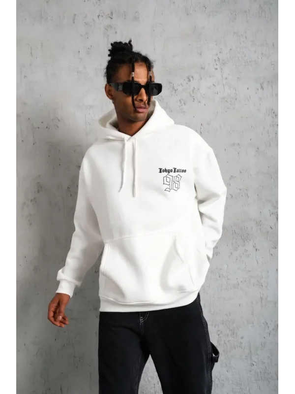 Lushiowear Erkek 98 Baskılı Kapşonlu 3 iplik pamuklu Sweatshirt hoodie - Beyaz