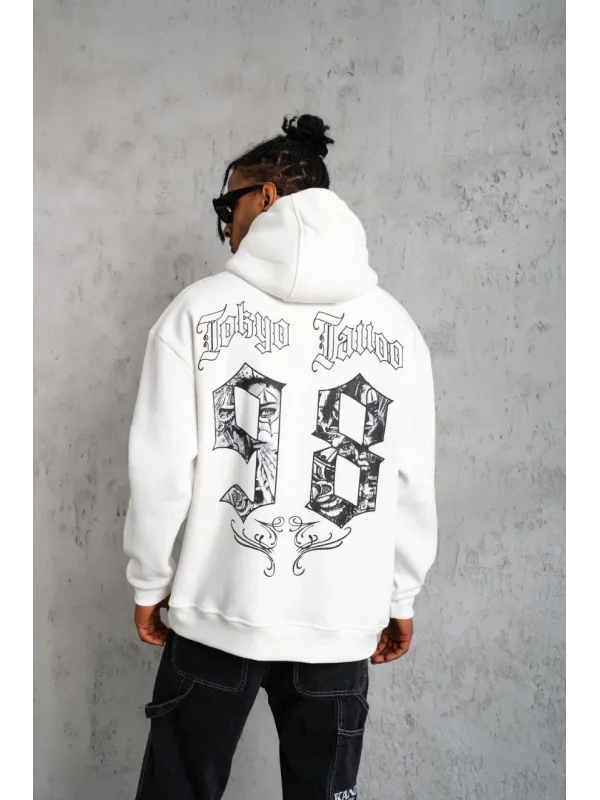 Lushiowear Erkek 98 Baskılı Kapşonlu 3 iplik pamuklu Sweatshirt hoodie - Beyaz