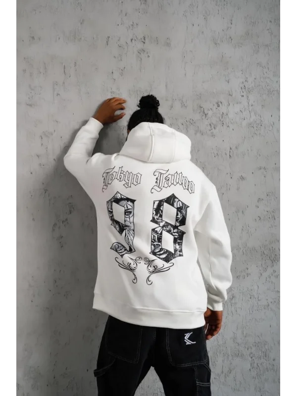 Lushiowear Erkek 98 Baskılı Kapşonlu 3 iplik pamuklu Sweatshirt hoodie - Beyaz