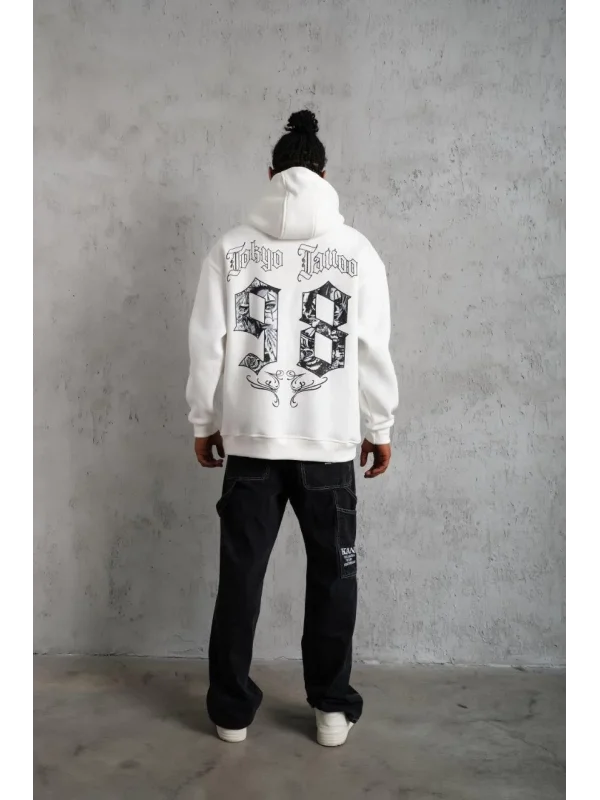 Lushiowear Erkek 98 Baskılı Kapşonlu 3 iplik pamuklu Sweatshirt hoodie - Beyaz