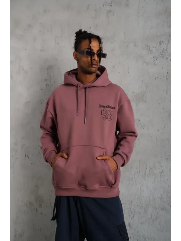 Lushiowear Erkek 3 İplik Pamuklu Kapüşonlu Baskılı Cepli Sweatshirt Hoodie - Gül Kurusu