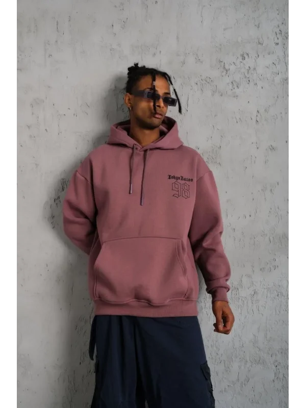 Lushiowear Erkek 3 İplik Pamuklu Kapüşonlu Baskılı Cepli Sweatshirt Hoodie - Gül Kurusu