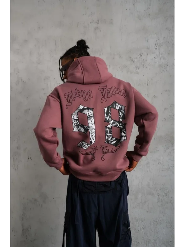 Lushiowear Erkek 3 İplik Pamuklu Kapüşonlu Baskılı Cepli Sweatshirt Hoodie - Gül Kurusu