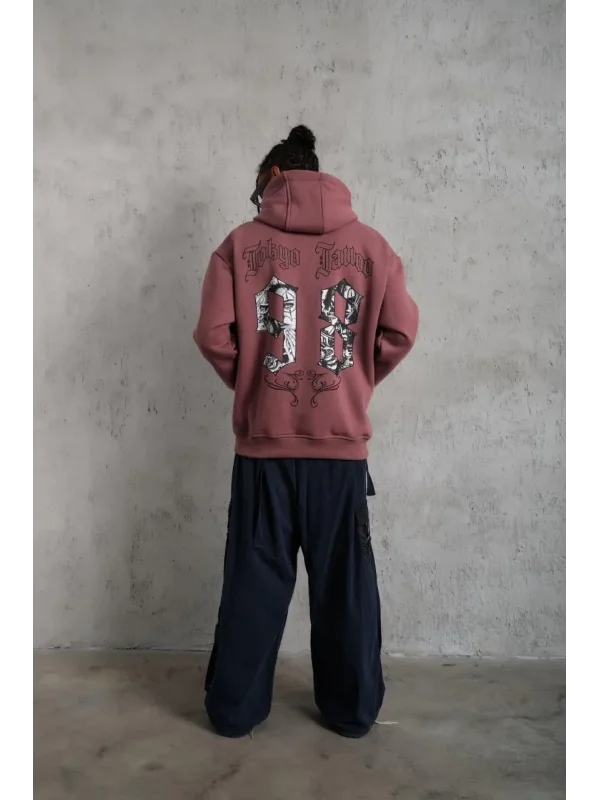 Lushiowear Erkek 3 İplik Pamuklu Kapüşonlu Baskılı Cepli Sweatshirt Hoodie - Gül Kurusu