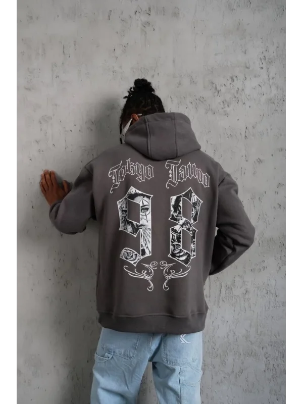 Lushiowear Erkek 3 İplik Pamuklu Kapüşonlu Baskılı Cepli Oversize Sweatshirt Hoodie - Gri