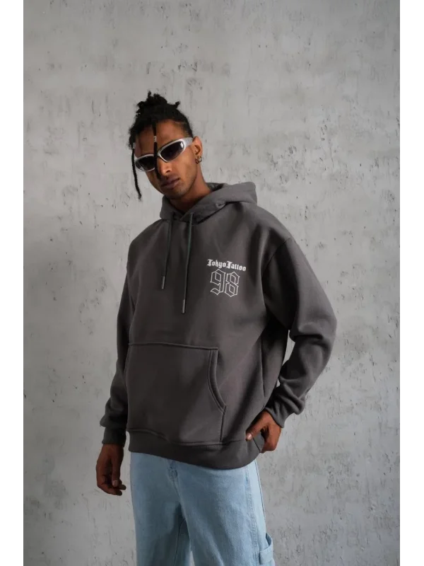Lushiowear Erkek 3 İplik Pamuklu Kapüşonlu Baskılı Cepli Oversize Sweatshirt Hoodie - Gri