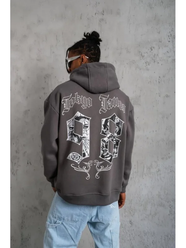 Lushiowear Erkek 3 İplik Pamuklu Kapüşonlu Baskılı Cepli Oversize Sweatshirt Hoodie - Gri