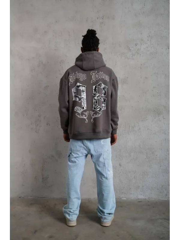 Lushiowear Erkek 3 İplik Pamuklu Kapüşonlu Baskılı Cepli Oversize Sweatshirt Hoodie - Gri