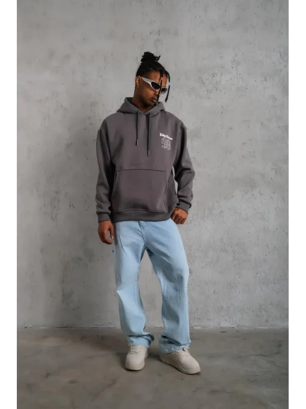 Lushiowear Erkek 3 İplik Pamuklu Kapüşonlu Baskılı Cepli Oversize Sweatshirt Hoodie - Gri