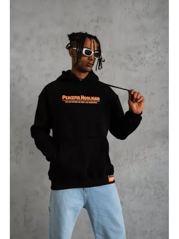 Erkek Armalı Baskılı Kapüşonlu Sweatshirt - Siyah