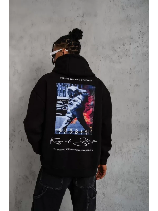 Erkek Astronot Baskılı Kapüşonlu Sweat - Siyah
