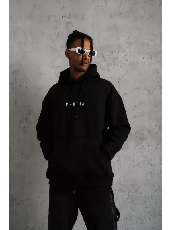 Erkek Astronot Baskılı Kapüşonlu Sweat - Siyah