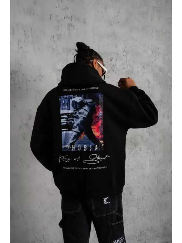 Erkek Astronot Baskılı Kapüşonlu Sweat - Siyah