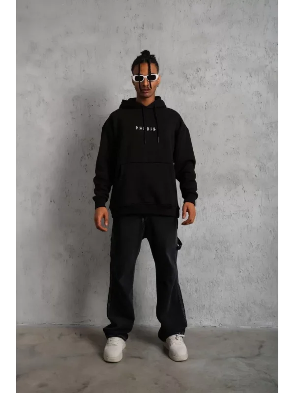 Erkek Astronot Baskılı Kapüşonlu Sweat - Siyah