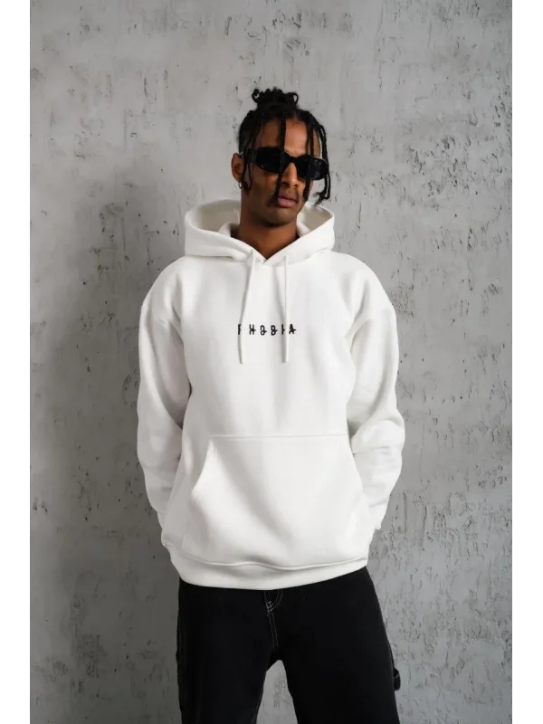 Lushiowear Erkek 3 İplik Pamuklu Kapüşonlu Baskılı Cepli Oversize Sweatshirt Hoodie - Beyaz