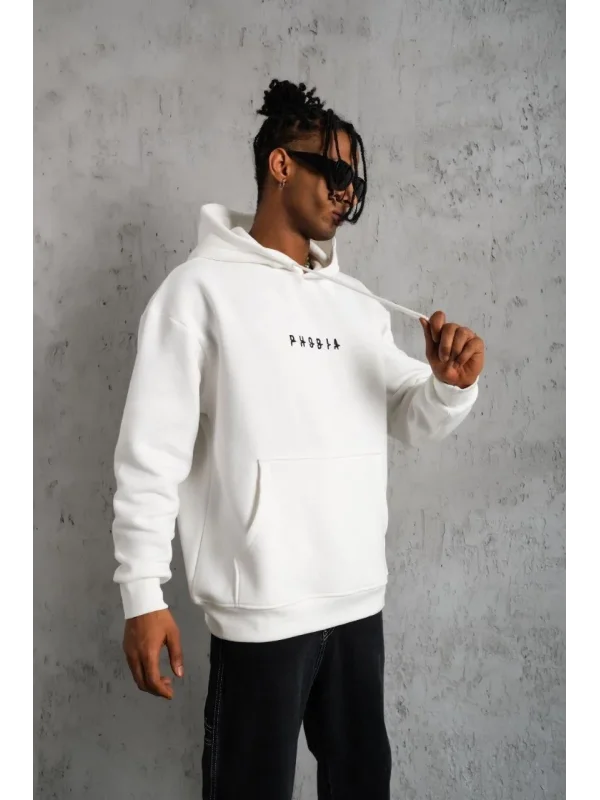Lushiowear Erkek 3 İplik Pamuklu Kapüşonlu Baskılı Cepli Oversize Sweatshirt Hoodie - Beyaz