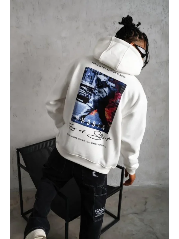 Lushiowear Erkek 3 İplik Pamuklu Kapüşonlu Baskılı Cepli Oversize Sweatshirt Hoodie - Beyaz