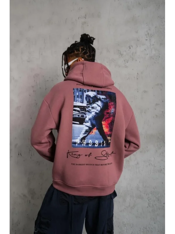 Lushiowear Erkek 3 İplik Pamuklu Kapüşonlu Baskılı Cepli Oversize Sweatshirt Hoodie - Gül Kurusu