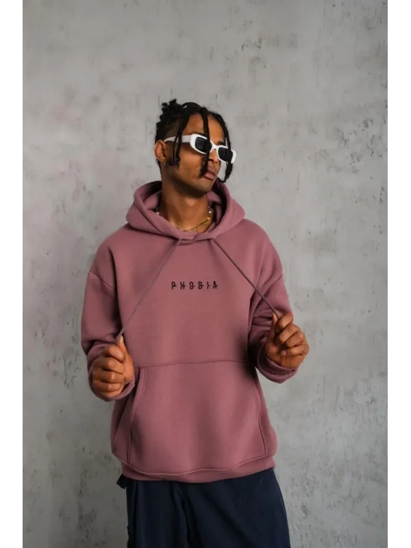 Lushiowear Erkek 3 İplik Pamuklu Kapüşonlu Baskılı Cepli Oversize Sweatshirt Hoodie - Gül Kurusu