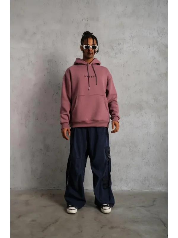Lushiowear Erkek 3 İplik Pamuklu Kapüşonlu Baskılı Cepli Oversize Sweatshirt Hoodie - Gül Kurusu