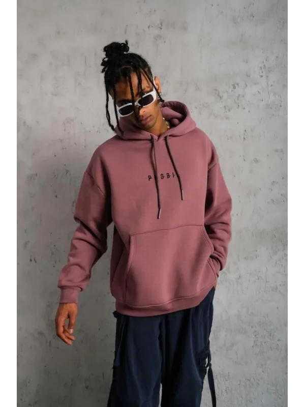Lushiowear Erkek 3 İplik Pamuklu Kapüşonlu Baskılı Cepli Oversize Sweatshirt Hoodie - Gül Kurusu