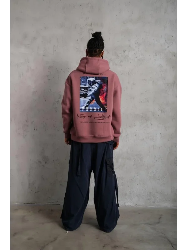 Lushiowear Erkek 3 İplik Pamuklu Kapüşonlu Baskılı Cepli Oversize Sweatshirt Hoodie - Gül Kurusu