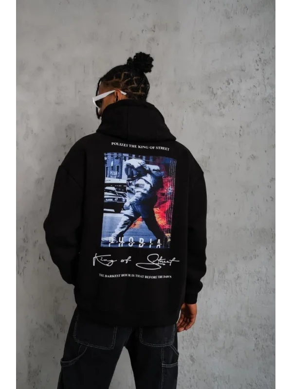 Lushiowear Erkek 3 İplik Pamuklu Kapüşonlu Baskılı Cepli Oversize Sweatshirt Hoodie - Siyah
