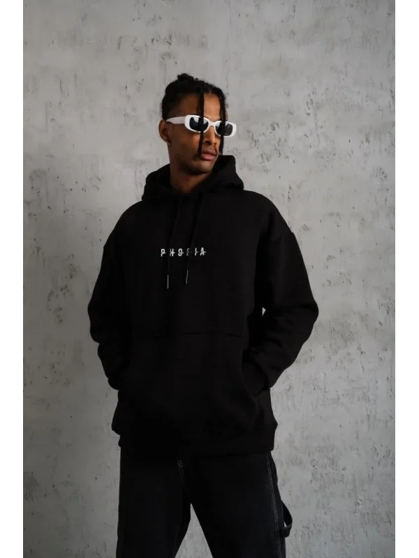 Lushiowear Erkek 3 İplik Pamuklu Kapüşonlu Baskılı Cepli Oversize Sweatshirt Hoodie - Siyah