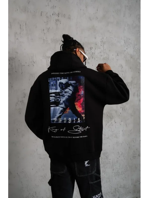 Lushiowear Erkek 3 İplik Pamuklu Kapüşonlu Baskılı Cepli Oversize Sweatshirt Hoodie - Siyah