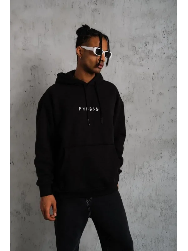 Lushiowear Erkek 3 İplik Pamuklu Kapüşonlu Baskılı Cepli Oversize Sweatshirt Hoodie - Siyah