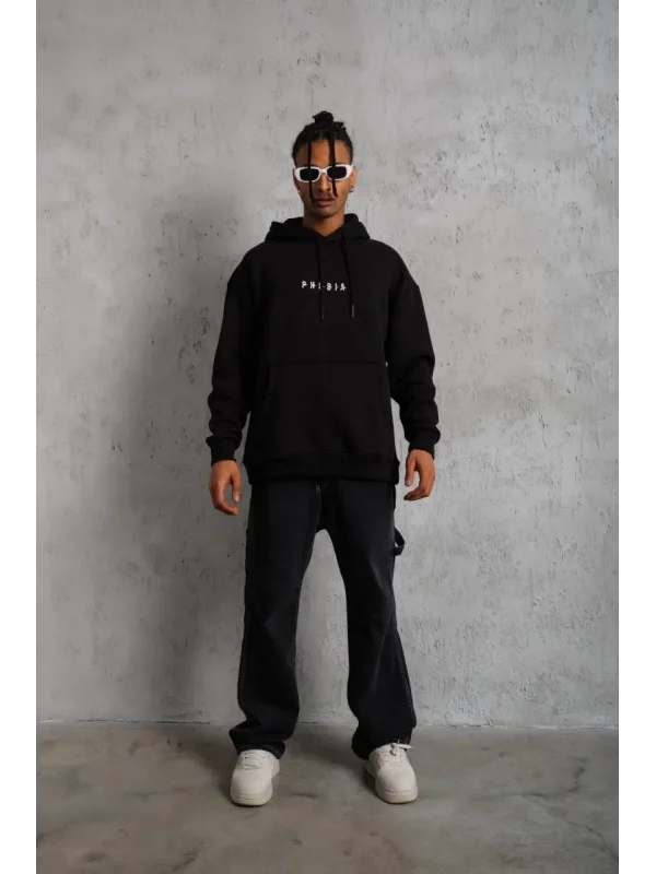 Lushiowear Erkek 3 İplik Pamuklu Kapüşonlu Baskılı Cepli Oversize Sweatshirt Hoodie - Siyah