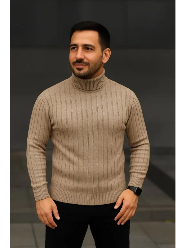 Erkek Balıkcı Yaka Bağazlı Triko Kazak Pamuklu Kalın Fitilli Dokuma, Regular Fit Uzun Kollu Kışlık Model - Bej
