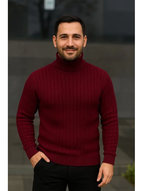 Erkek Balıkcı Yaka Bağazlı Triko Kazak Pamuklu Kalın Fitilli Dokuma, Regular Fit Uzun Kollu Kışlık Model - Bordo