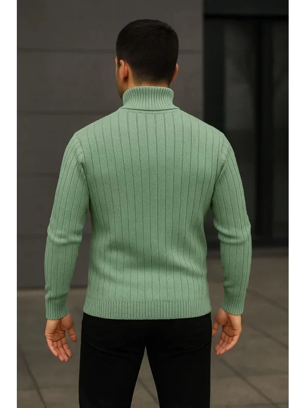 Erkek Balıkcı Yaka Bağazlı Triko Kazak Pamuklu Kalın Fitilli Dokuma, Regular Fit Uzun Kollu Kışlık Model - Mint Yeşili