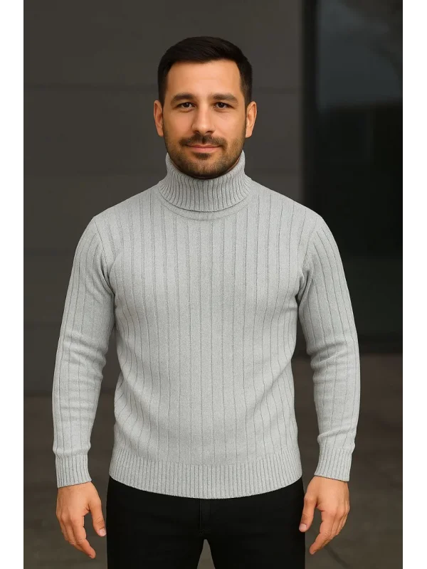 Erkek Balıkcı Yaka Bağazlı Triko Kazak Pamuklu Kalın Fitilli Dokuma, Regular Fit Uzun Kollu Kışlık Model - Gri