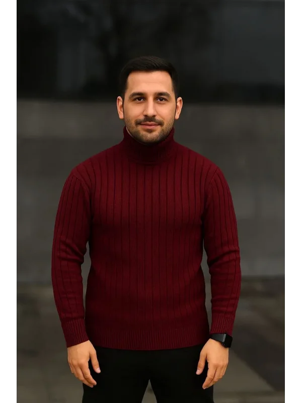 Erkek Balıkcı Yaka Bağazlı Triko Kazak Pamuklu Kalın Fitilli Dokuma, Regular Fit Uzun Kollu Kışlık Model - Bordo