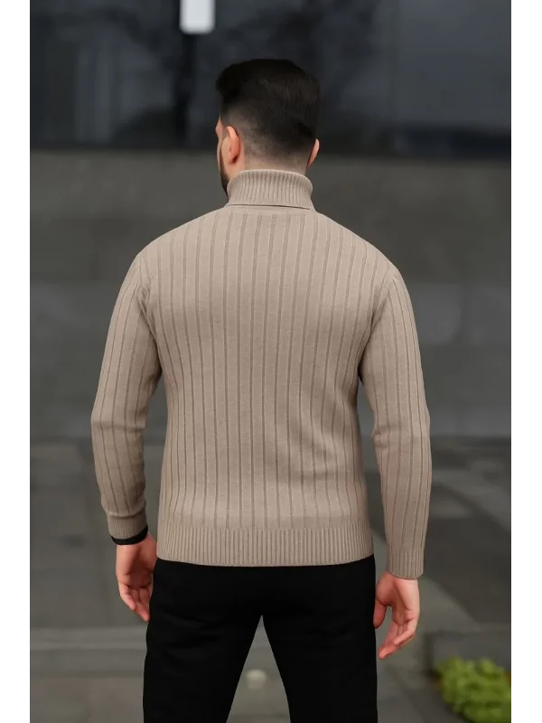Erkek Balıkcı Yaka Bağazlı Triko Kazak Pamuklu Kalın Fitilli Dokuma, Regular Fit Uzun Kollu Kışlık Model - Bej