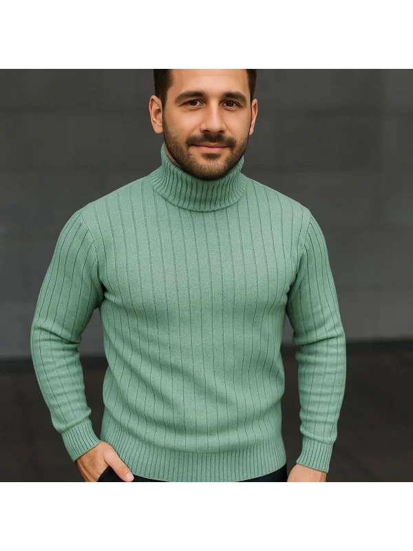 Erkek Balıkcı Yaka Bağazlı Triko Kazak Pamuklu Kalın Fitilli Dokuma, Regular Fit Uzun Kollu Kışlık Model - Mint Yeşili