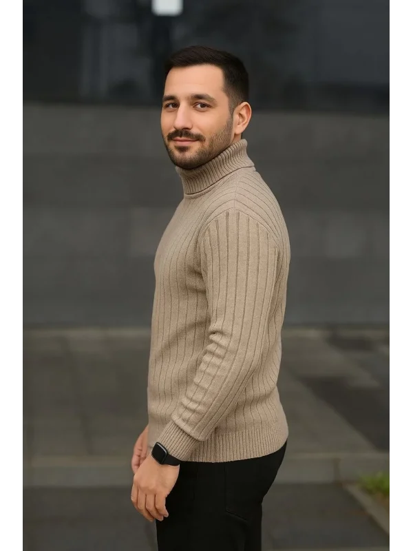 Erkek Balıkcı Yaka Bağazlı Triko Kazak Pamuklu Kalın Fitilli Dokuma, Regular Fit Uzun Kollu Kışlık Model - Bej