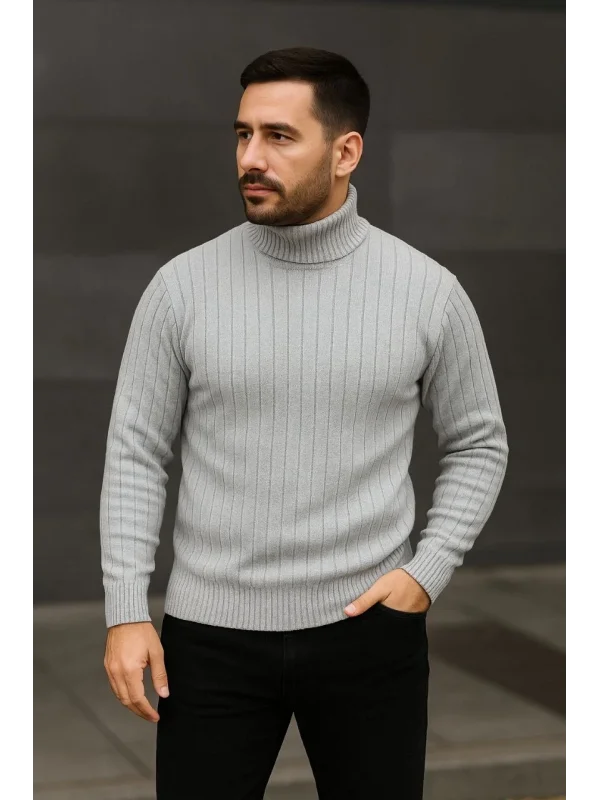 Erkek Balıkcı Yaka Bağazlı Triko Kazak Pamuklu Kalın Fitilli Dokuma, Regular Fit Uzun Kollu Kışlık Model - Gri