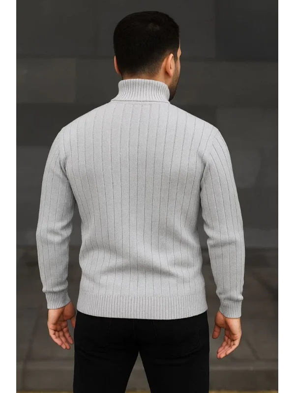 Erkek Balıkcı Yaka Bağazlı Triko Kazak Pamuklu Kalın Fitilli Dokuma, Regular Fit Uzun Kollu Kışlık Model - Gri