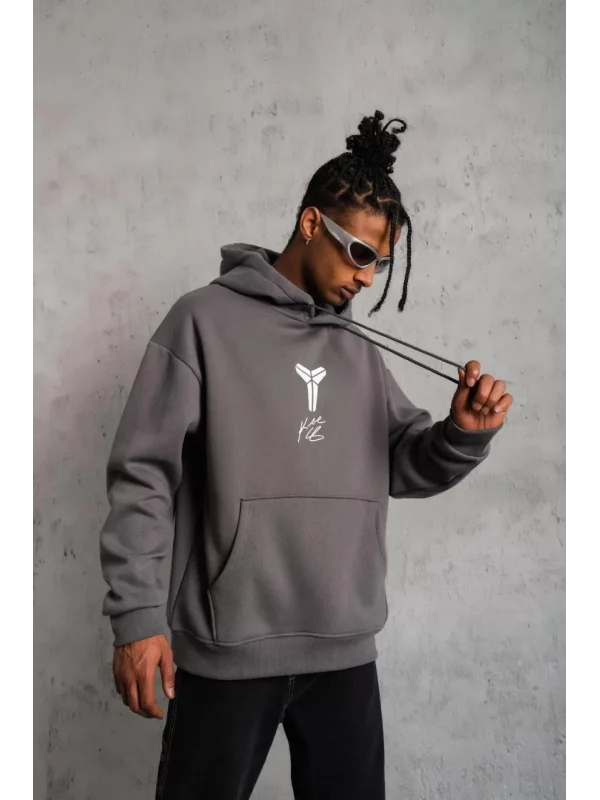 Erkek Baskılı Kapüşonlu Sweat - Gri
