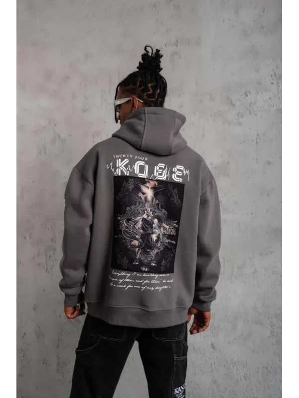 Erkek Baskılı Kapüşonlu Sweat - Gri