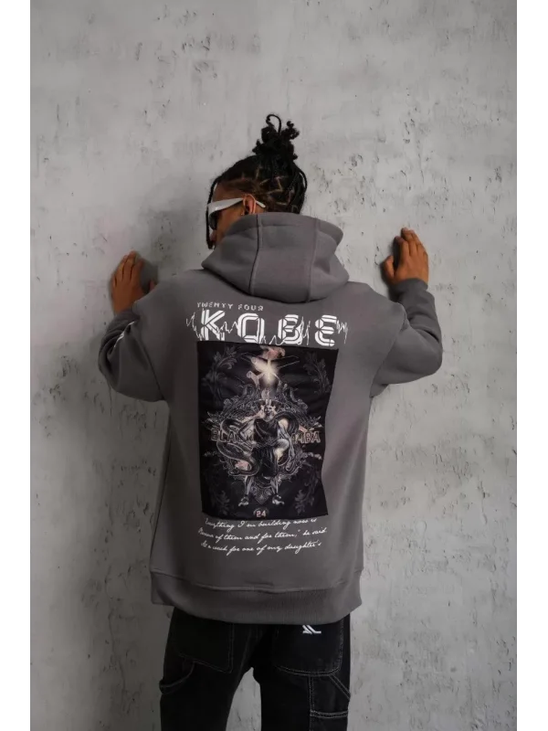 Erkek Baskılı Kapüşonlu Sweat - Gri