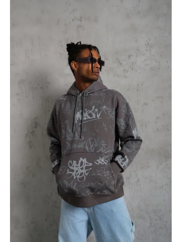 Lushiowear Erkek 3 İplik Pamuklu Kapüşonlu Kanguru Cepli Sweatshirt Hoodie -  Gri