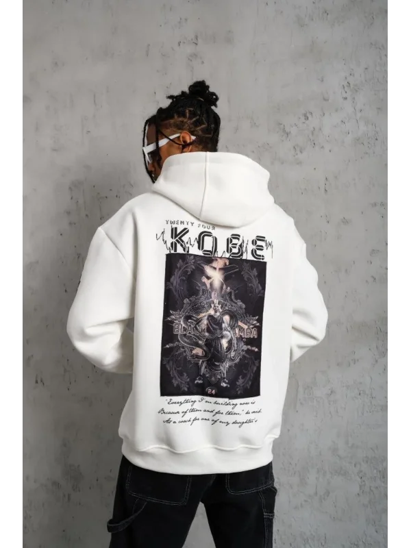 Lushiowear Erkek 3 İplik Pamuklu Kapüşonlu Baskılı Cepli Oversize Sweatshirt Hoodie - Beyaz