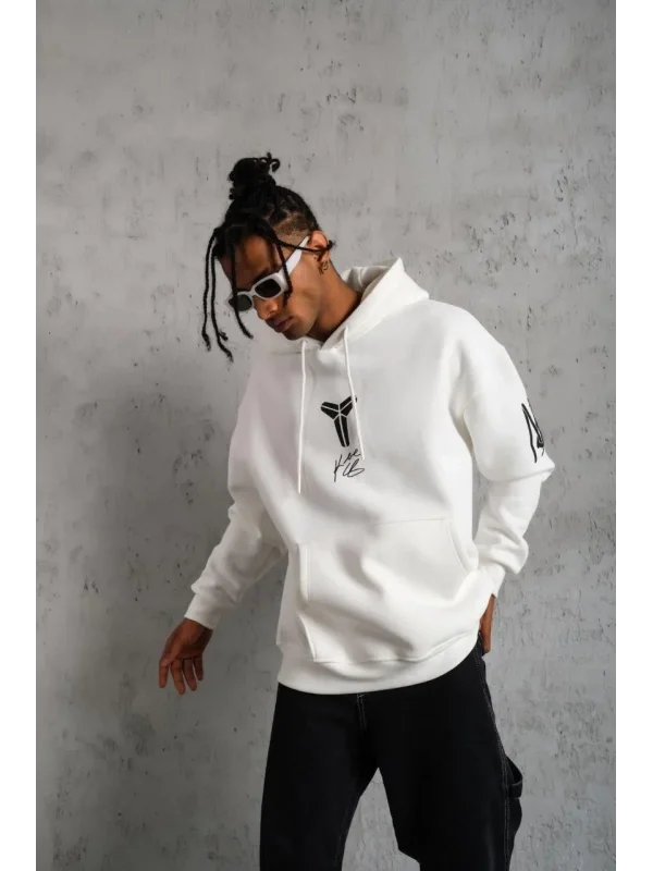Lushiowear Erkek 3 İplik Pamuklu Kapüşonlu Baskılı Cepli Oversize Sweatshirt Hoodie - Beyaz